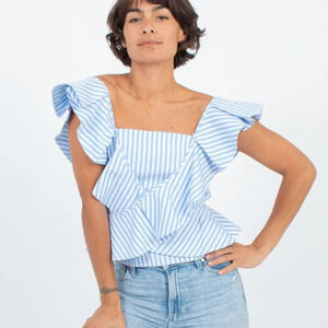 Mila Carr STRIPED RUFFLE BLOUSE sleeveless top back full zip cotton white blue 2